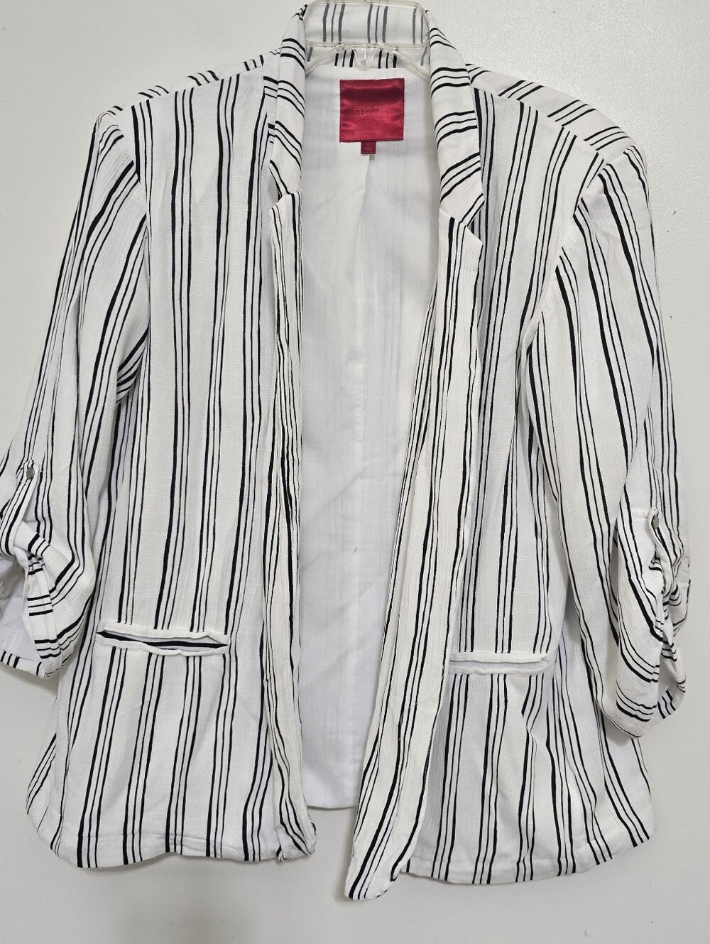 y2k JENNIFER LOPEZ size Large Striped Roll Tab Sleeve Open Front Blazer White